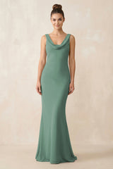 Cowl Neck Sheath Chiffon Bridesmaid Dress in Sea Glass | KISSBRIDAL