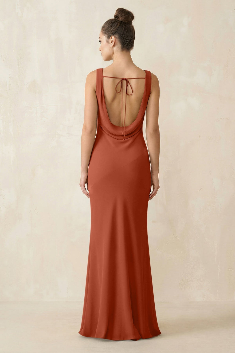 Cowl Neck Sheath Chiffon Bridesmaid Dress in Spice