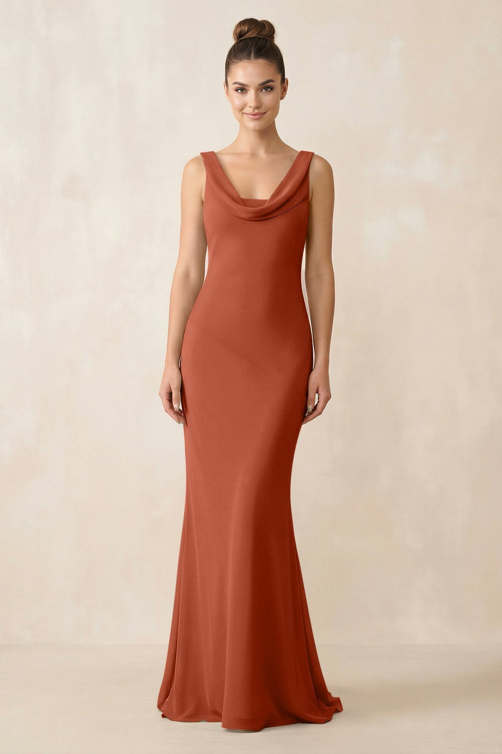 Cowl Neck Sheath Chiffon Bridesmaid Dress in Spice
