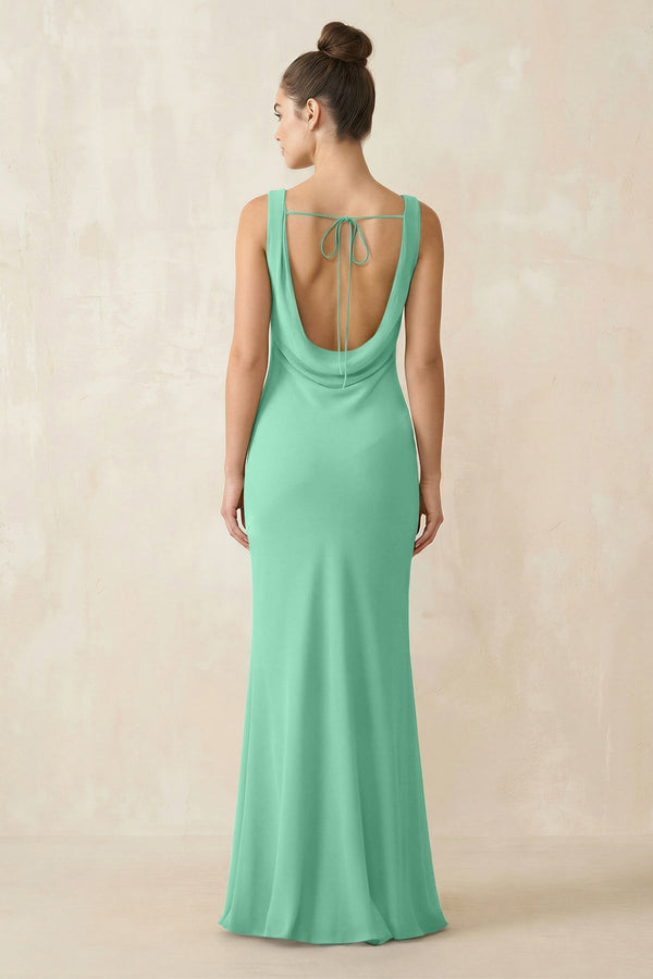 Cowl Neck Sheath Chiffon Bridesmaid Dress in Turquoise - KISS BRIDAL Bridesmaid Dresses