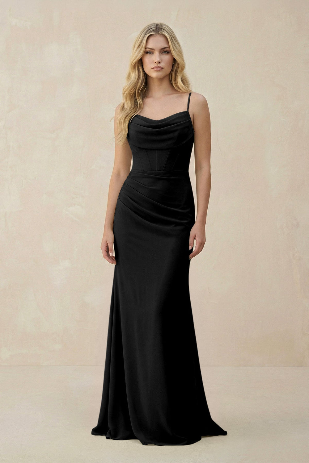 Cowl Neck Sheath Chiffon Bridesmaid Dress with Corset in Black