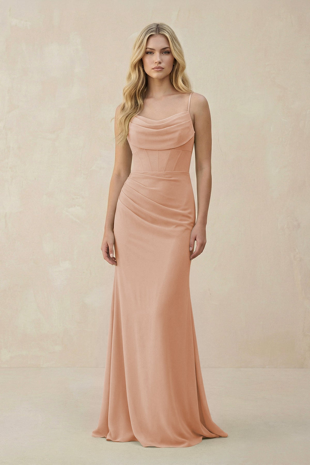 Cowl Neck Sheath Chiffon Bridesmaid Dress with Corset in Champagne Rose