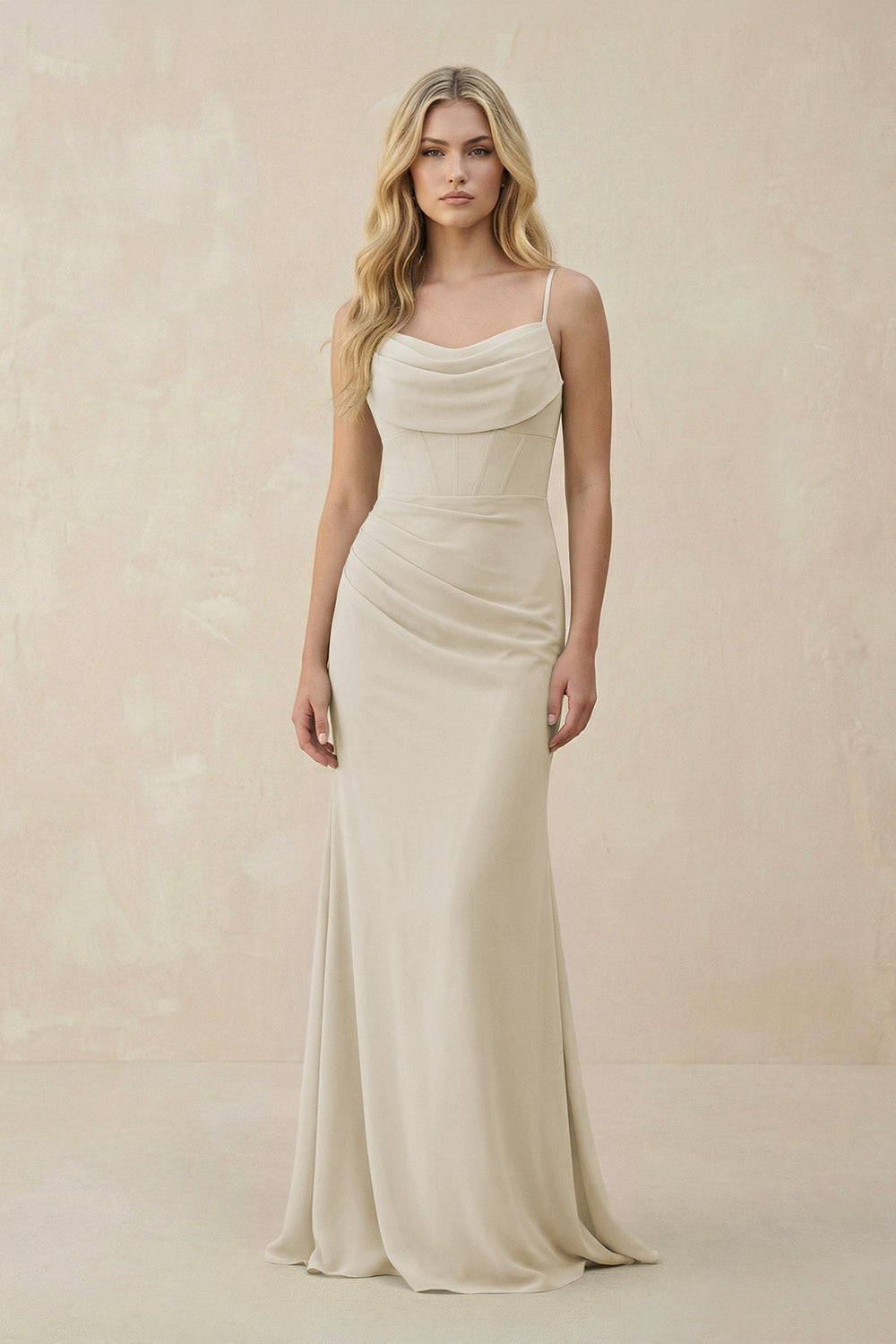 Cowl Neck Sheath Chiffon Bridesmaid Dress with Corset in Dove Gray