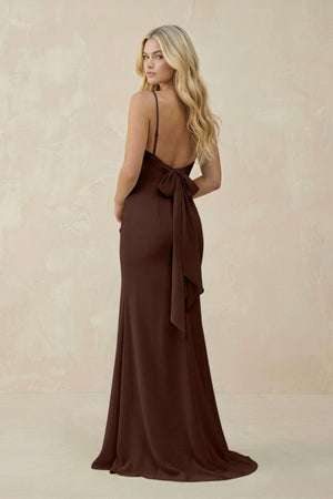 Cowl Neck Sheath Chiffon Bridesmaid Dress with Corset in Espresso - KISS BRIDAL Bridesmaid Dresses