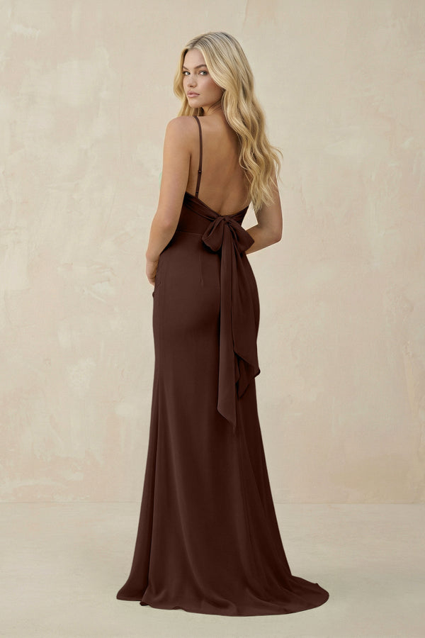 Cowl Neck Sheath Chiffon Bridesmaid Dress with Corset in Espresso - KISS BRIDAL Bridesmaid Dresses