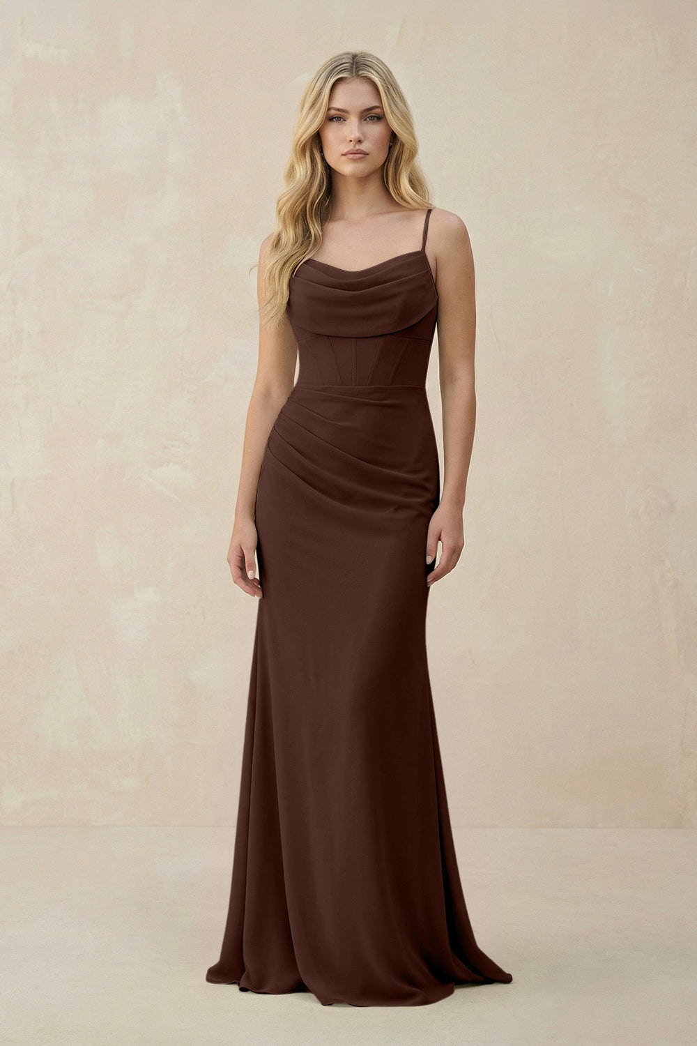 Cowl Neck Sheath Chiffon Bridesmaid Dress with Corset in Espresso