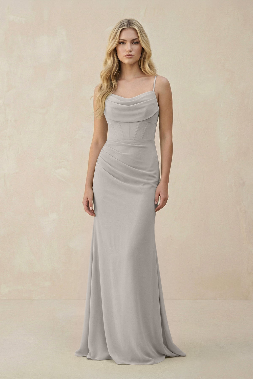 Cowl Neck Sheath Chiffon Bridesmaid Dress with Corset in Silver
