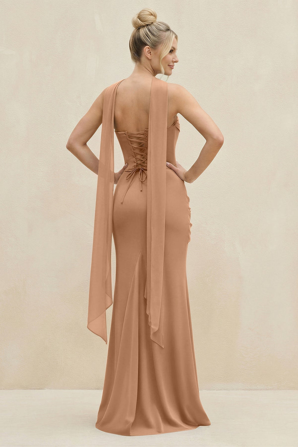 Cowl Neck Sheath Chiffon Bridesmaid Dress with Ribbon in Bronzer