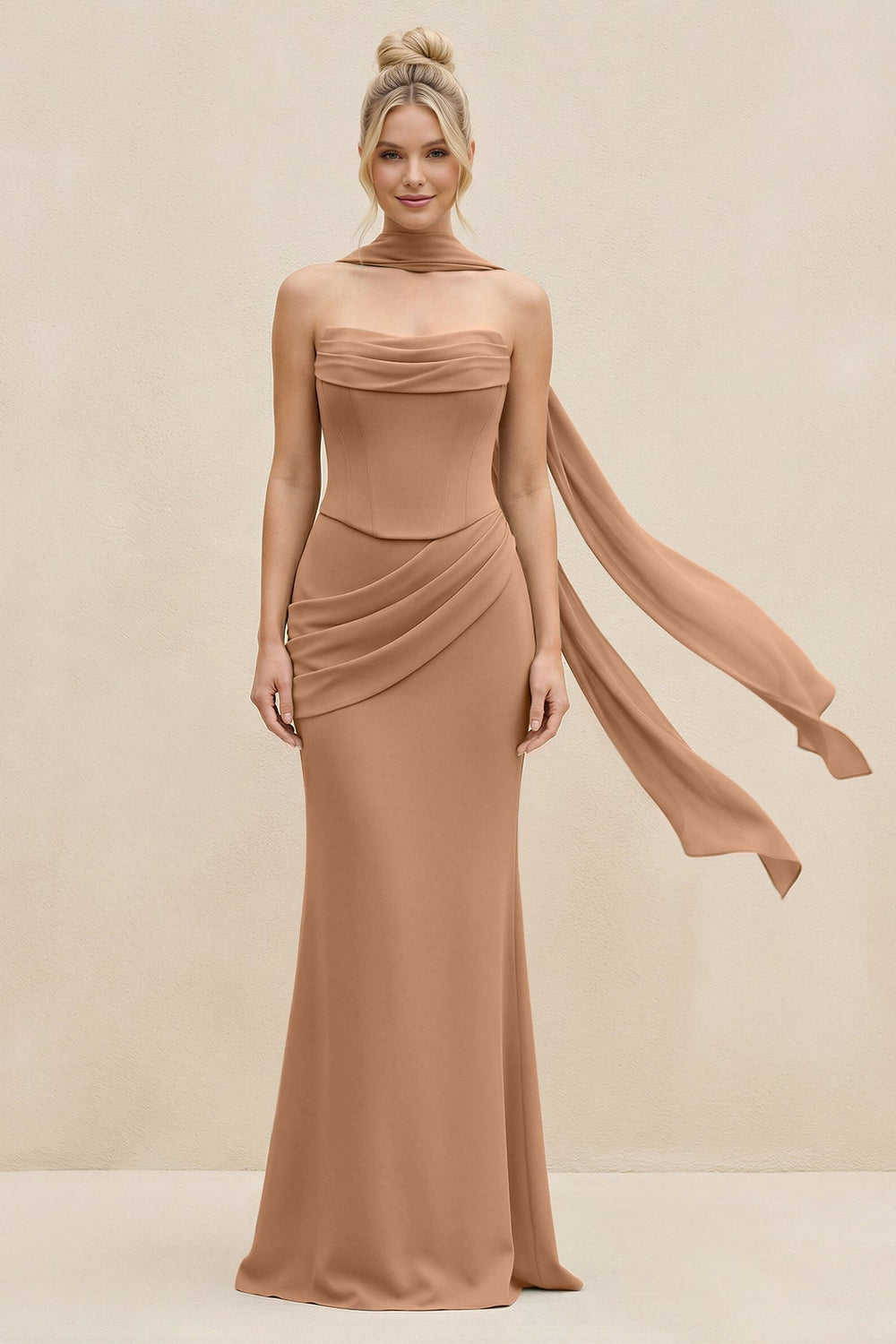 Cowl Neck Sheath Chiffon Bridesmaid Dress with Ribbon in Bronzer