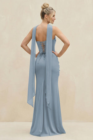 Cowl Neck Sheath Chiffon Bridesmaid Dress with Ribbon in Dusty Blue (2) | KISSBRIDAL