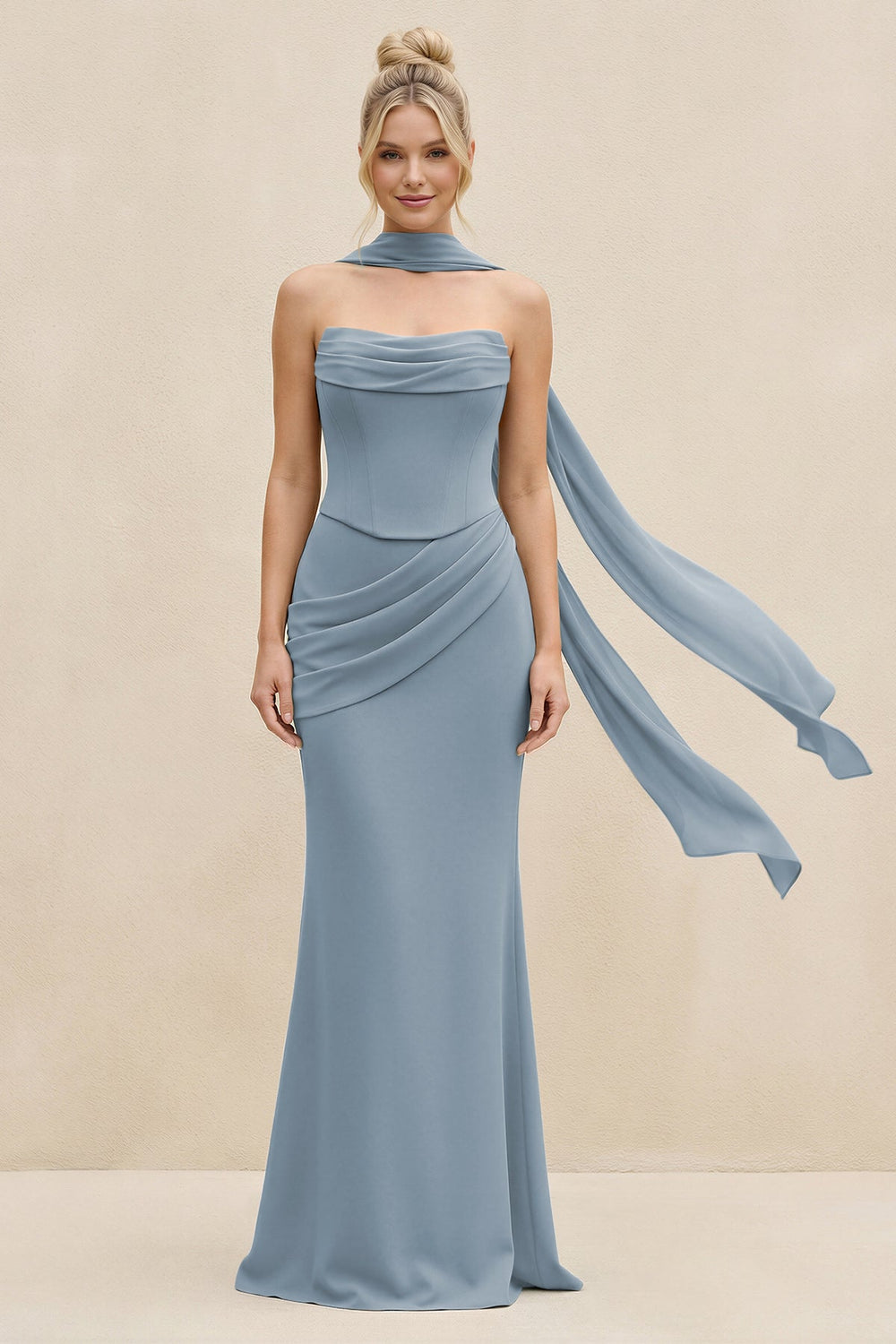 Cowl Neck Sheath Chiffon Bridesmaid Dress with Ribbon in Dusty Blue