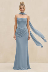 Cowl Neck Sheath Chiffon Bridesmaid Dress with Ribbon in Dusty Blue | KISSBRIDAL