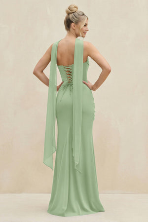 Cowl Neck Sheath Chiffon Bridesmaid Dress with Ribbon in Matcha (2) | KISSBRIDAL