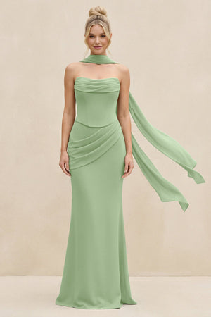 Cowl Neck Sheath Chiffon Bridesmaid Dress with Ribbon in Matcha | KISSBRIDAL