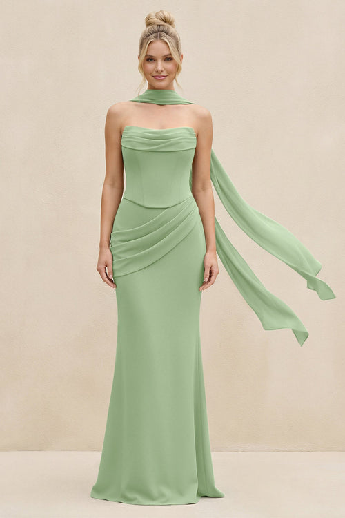 Cowl Neck Sheath Chiffon Bridesmaid Dress with Ribbon in Matcha | KISSBRIDAL