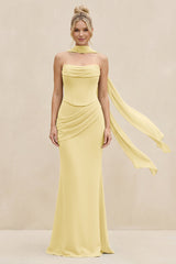 Cowl Neck Sheath Chiffon Bridesmaid Dress with Ribbon in Pastel Yellow - KISS BRIDAL Bridesmaid Dresses