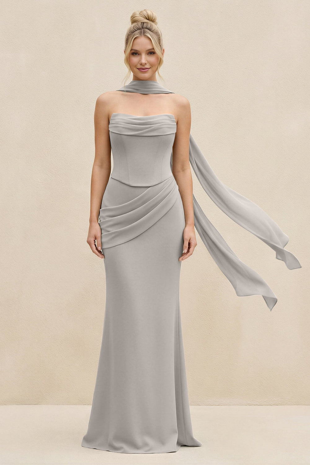 Cowl Neck Sheath Chiffon Bridesmaid Dress with Ribbon in Silver