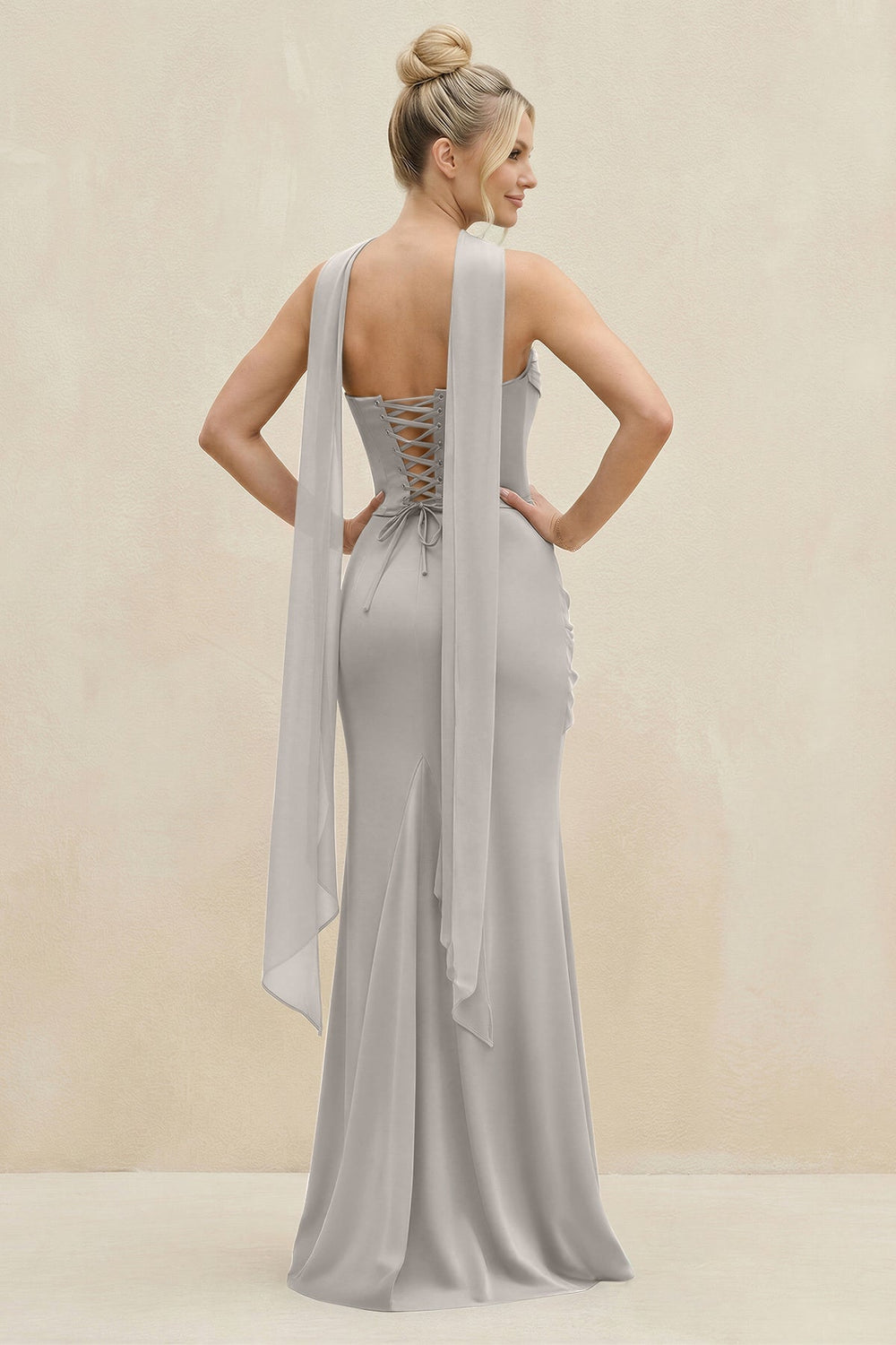 Cowl Neck Sheath Chiffon Bridesmaid Dress with Ribbon in Silver