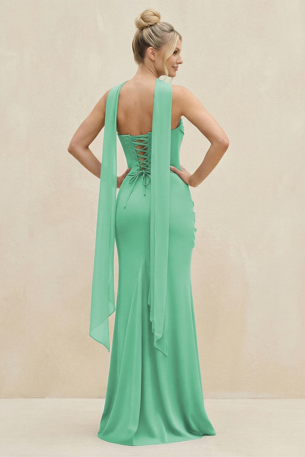 Cowl Neck Sheath Chiffon Bridesmaid Dress with Ribbon in Turquoise - KISS BRIDAL Bridesmaid Dresses