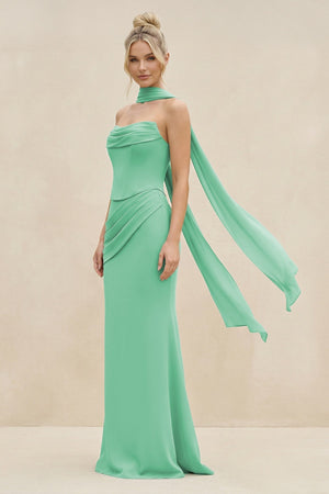 Cowl Neck Sheath Chiffon Bridesmaid Dress with Ribbon in Turquoise - KISS BRIDAL Bridesmaid Dresses
