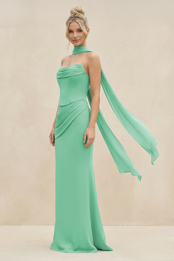 Cowl Neck Sheath Chiffon Bridesmaid Dress with Ribbon in Turquoise - KISS BRIDAL Bridesmaid Dresses