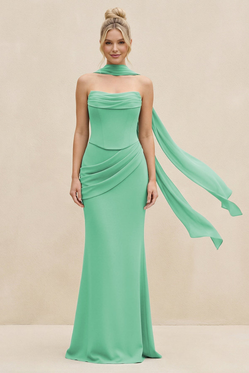 Cowl Neck Sheath Chiffon Bridesmaid Dress with Ribbon in Turquoise