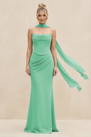 Cowl Neck Sheath Chiffon Bridesmaid Dress with Ribbon in Turquoise - KISS BRIDAL Bridesmaid Dresses
