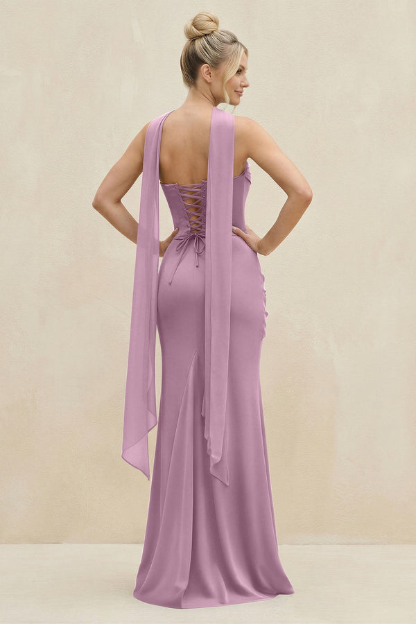 Cowl Neck Sheath Chiffon Bridesmaid Dress with Ribbon in Wisteria - KISS BRIDAL Bridesmaid Dresses