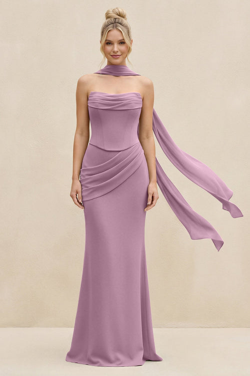 Cowl Neck Sheath Chiffon Bridesmaid Dress with Ribbon in Wisteria - KISS BRIDAL Bridesmaid Dresses