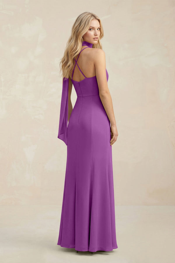 Cowl Neck Sheath Chiffon Maxi Bridesmaid Dress With Ribbon in Amethyst - KISS BRIDAL Bridesmaid Dresses
