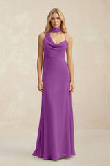 Cowl Neck Sheath Chiffon Maxi Bridesmaid Dress With Ribbon in Amethyst - KISS BRIDAL Bridesmaid Dresses