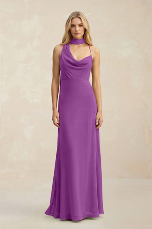 Cowl Neck Sheath Chiffon Maxi Bridesmaid Dress With Ribbon in Amethyst - KISS BRIDAL Bridesmaid Dresses