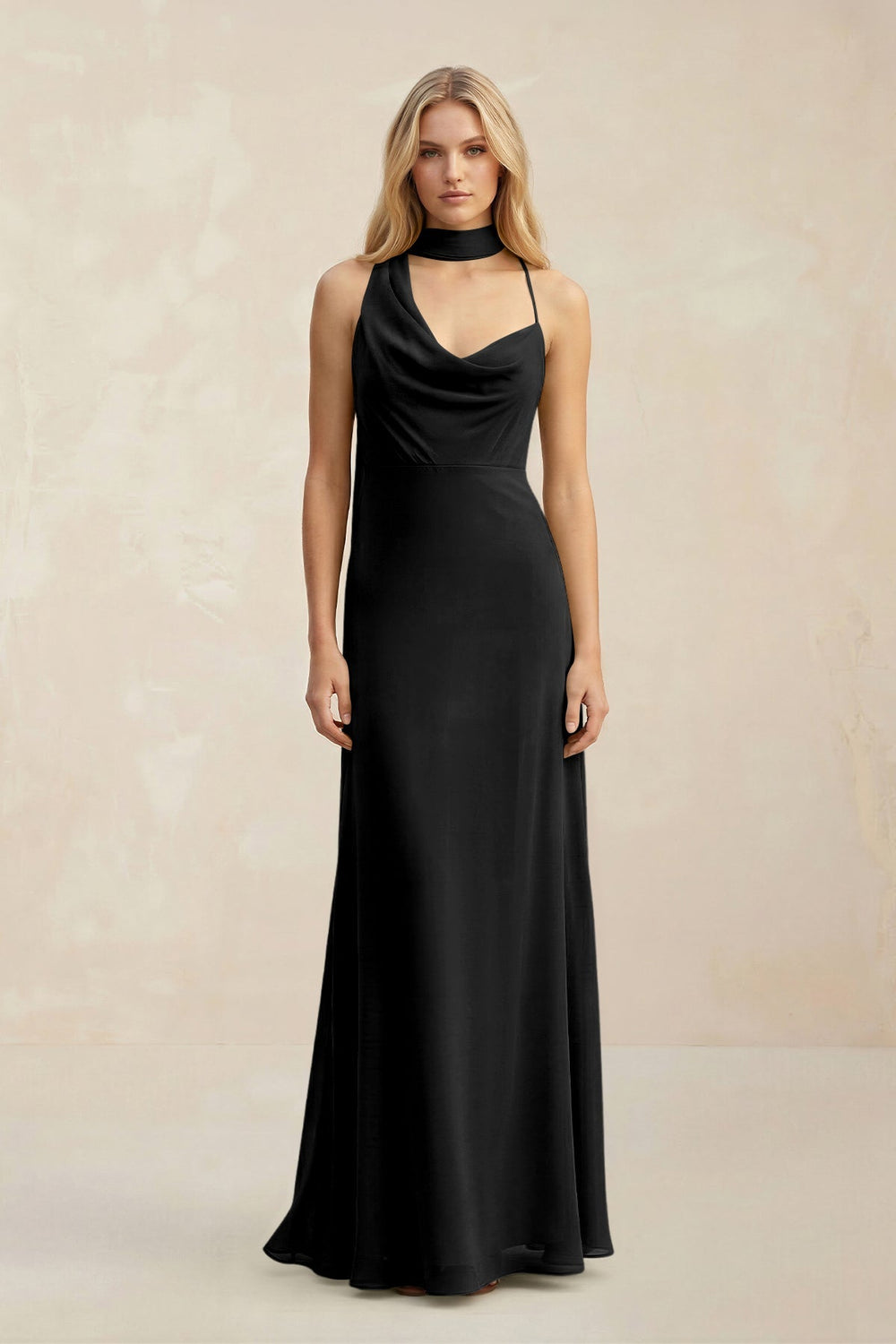 Cowl Neck Sheath Chiffon Maxi Bridesmaid Dress With Ribbon in Black