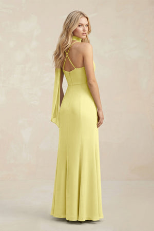 Cowl Neck Sheath Chiffon Maxi Bridesmaid Dress With Ribbon in Buttercup - KISS BRIDAL Bridesmaid Dresses