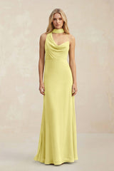 Cowl Neck Sheath Chiffon Maxi Bridesmaid Dress With Ribbon in Buttercup - KISS BRIDAL Bridesmaid Dresses