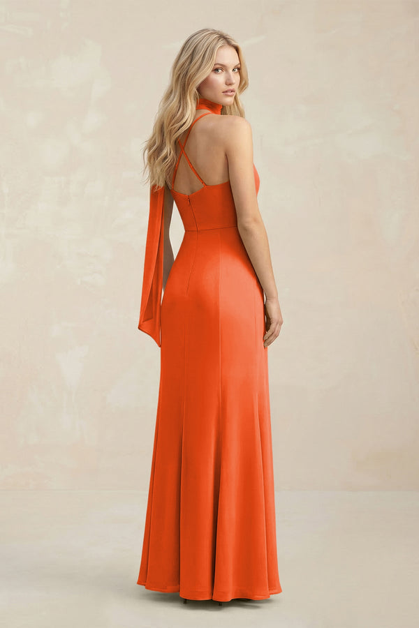 Cowl Neck Sheath Chiffon Maxi Bridesmaid Dress With Ribbon in Cinnamon (2) | KISSBRIDAL