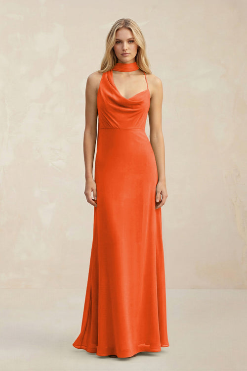 Cowl Neck Sheath Chiffon Maxi Bridesmaid Dress With Ribbon in Cinnamon | KISSBRIDAL