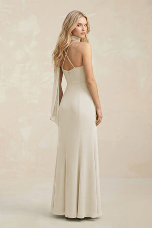 Cowl Neck Sheath Chiffon Maxi Bridesmaid Dress With Ribbon in Dove Gray - KISS BRIDAL Bridesmaid Dresses