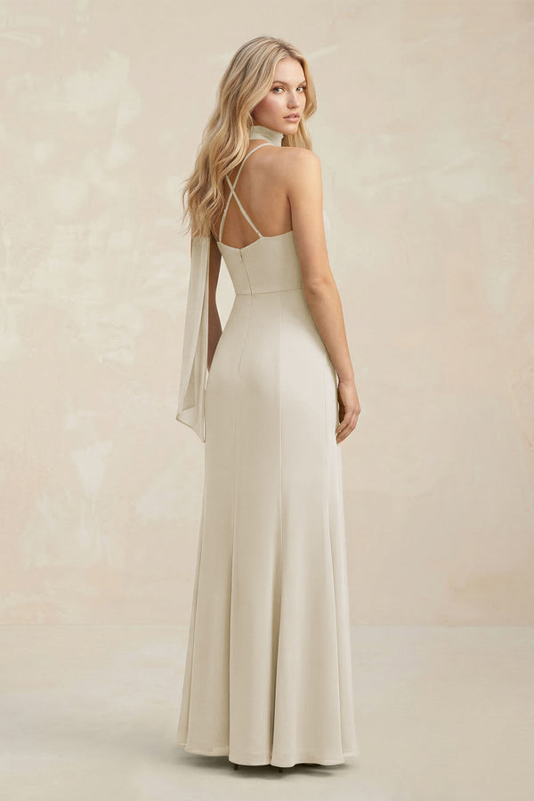 Cowl Neck Sheath Chiffon Maxi Bridesmaid Dress With Ribbon in Dove Gray - KISS BRIDAL Bridesmaid Dresses