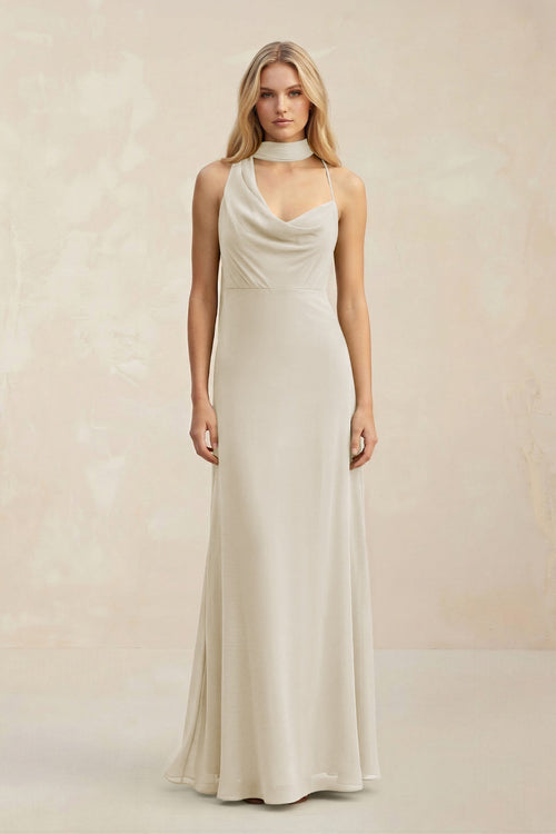 Cowl Neck Sheath Chiffon Maxi Bridesmaid Dress With Ribbon in Dove Gray - KISS BRIDAL Bridesmaid Dresses