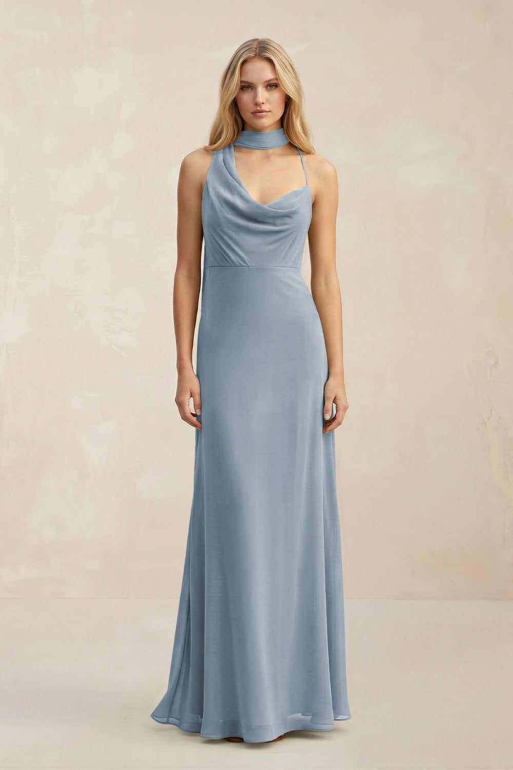 Cowl Neck Sheath Chiffon Maxi Bridesmaid Dress With Ribbon in Dusty Blue