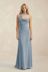 Cowl Neck Sheath Chiffon Maxi Bridesmaid Dress With Ribbon in Dusty Blue | KISSBRIDAL