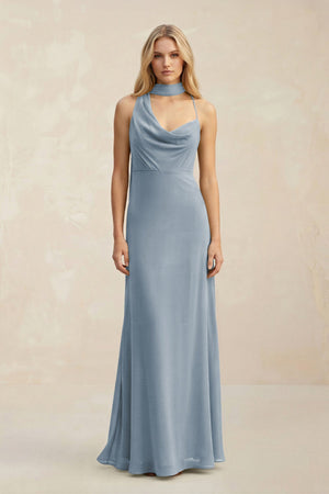 Cowl Neck Sheath Chiffon Maxi Bridesmaid Dress With Ribbon in Dusty Blue | KISSBRIDAL