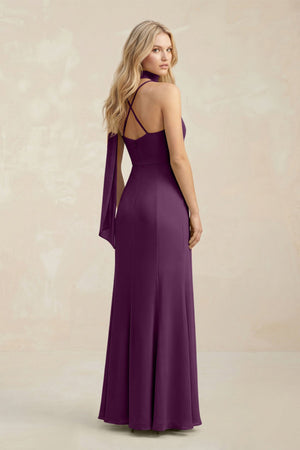 Cowl Neck Sheath Chiffon Maxi Bridesmaid Dress With Ribbon in Fig (2) | KISSBRIDAL