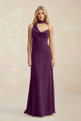 Cowl Neck Sheath Chiffon Maxi Bridesmaid Dress With Ribbon in Fig | KISSBRIDAL