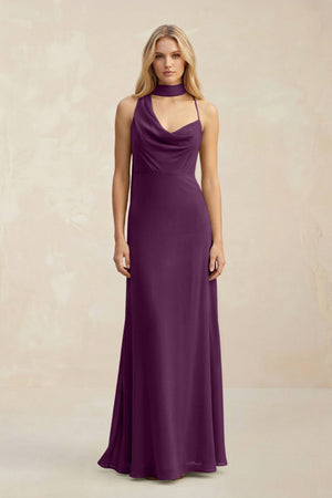 Cowl Neck Sheath Chiffon Maxi Bridesmaid Dress With Ribbon in Fig | KISSBRIDAL