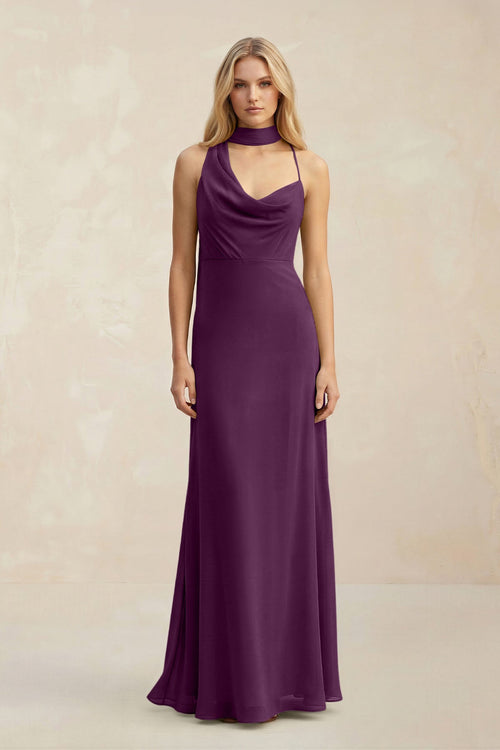 Cowl Neck Sheath Chiffon Maxi Bridesmaid Dress With Ribbon in Fig | KISSBRIDAL