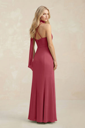 Cowl Neck Sheath Chiffon Maxi Bridesmaid Dress With Ribbon in Merlot (2) | KISSBRIDAL