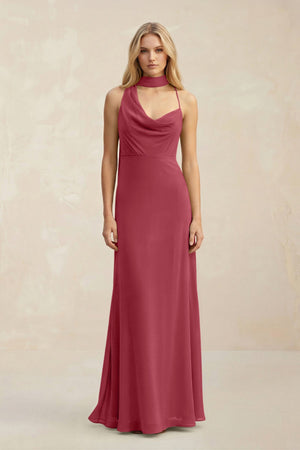 Cowl Neck Sheath Chiffon Maxi Bridesmaid Dress With Ribbon in Merlot | KISSBRIDAL