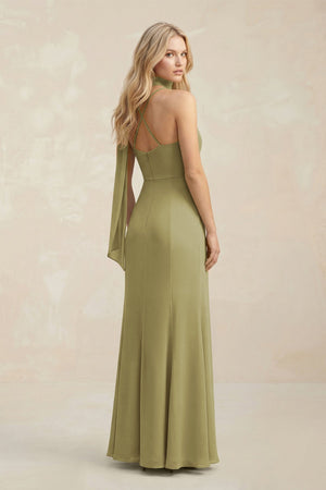 Cowl Neck Sheath Chiffon Maxi Bridesmaid Dress With Ribbon in Moss Green (2) | KISSBRIDAL